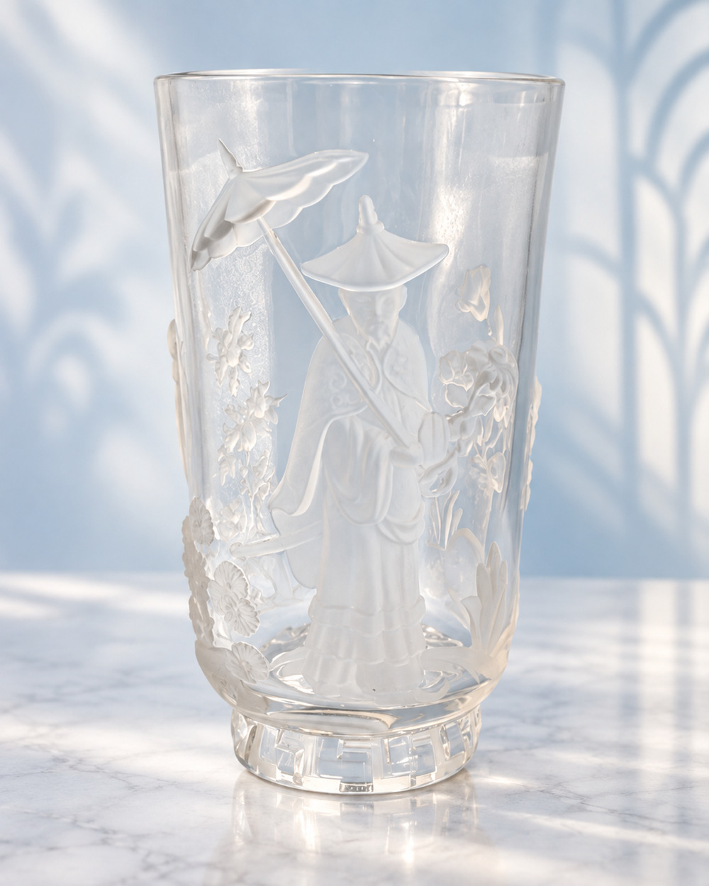 Signed Verlys Mandarin Vase 1930s French Art Deco Frosted Chinoiserie 9.25”
